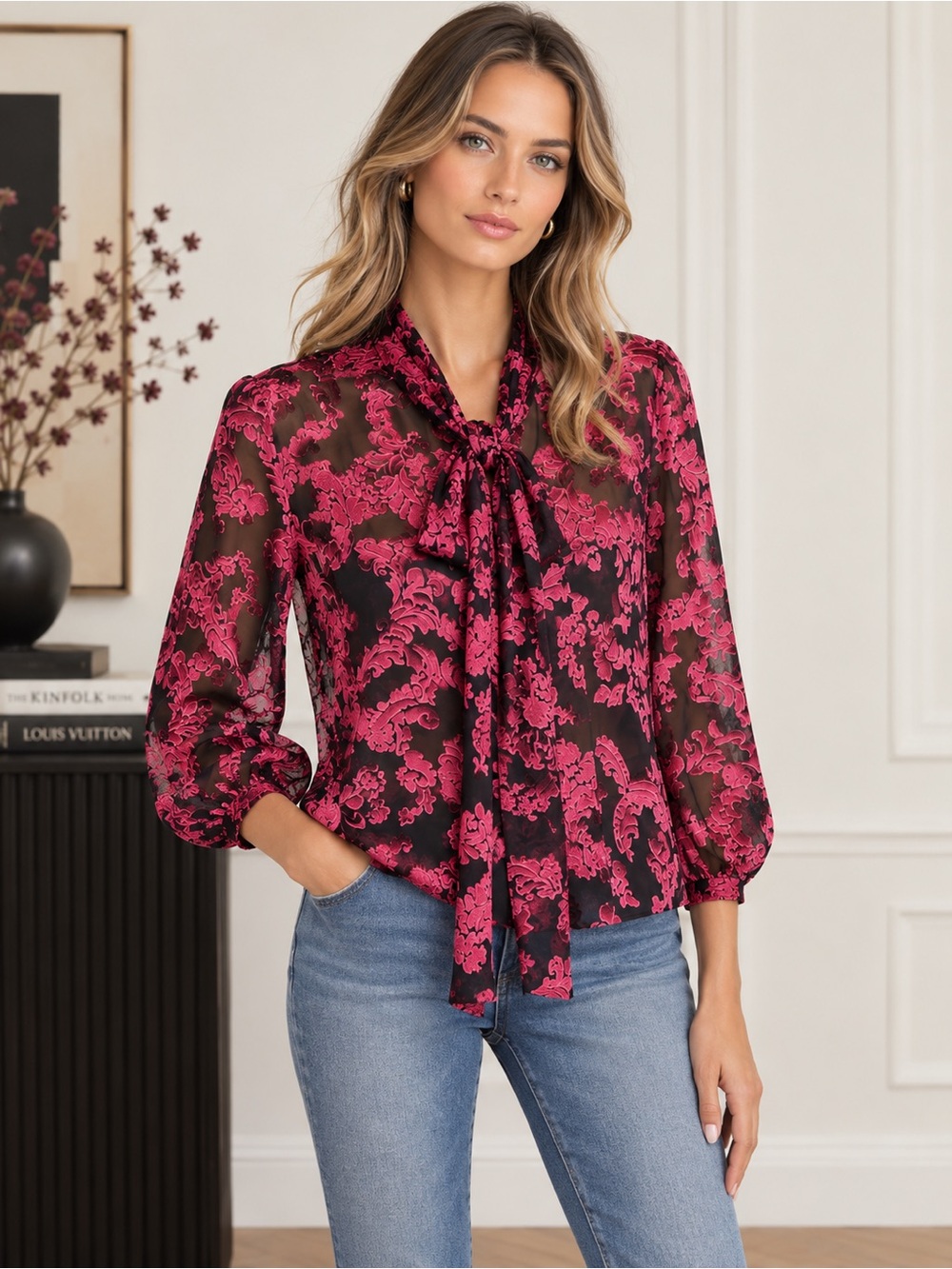 Alice + Olivia Jeannie Silk Burnout Bow Blouse Pink Black Size S
